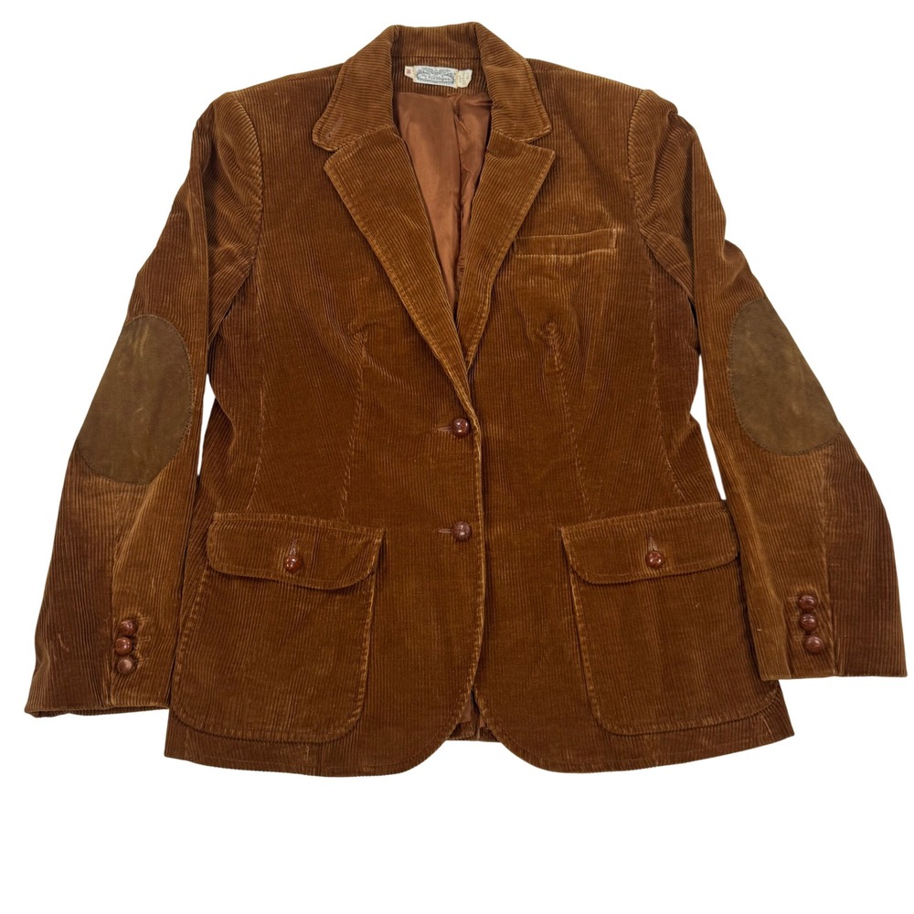 Vintage The Villager Corduroy Blazer Brown Suede Elbow Patches ILGWU Size 16 70s